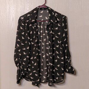 CLEARANCE Forever 21 Sheer Cat Button-Up Shirt - Size Large